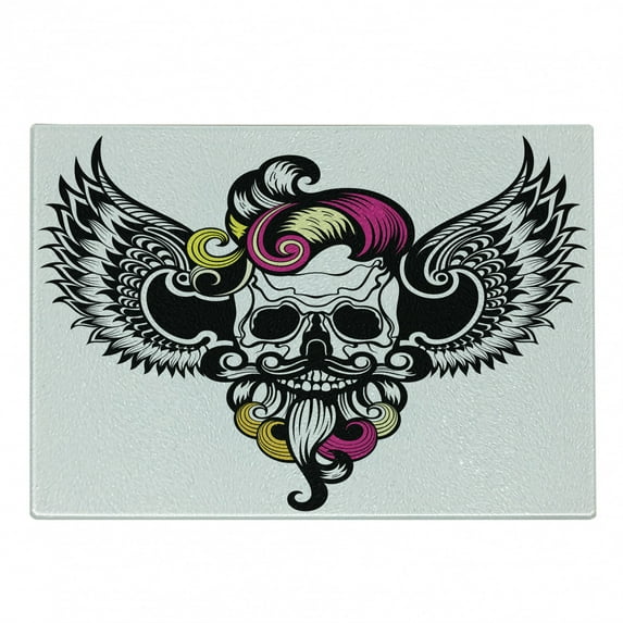 Gothic Cutting Board, Crazy Design Skull with Swirling Beard Hair and Wings, Decorative Tempered Glass Cutting and Serving Board, in 3 Sizes, by Ambesonne