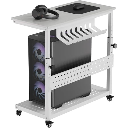 Adjustable Computer Tower Stand with Cable Management Rack 2-Tier Rolling CPU Holder Cart with Locking Wheels for Under Desk White