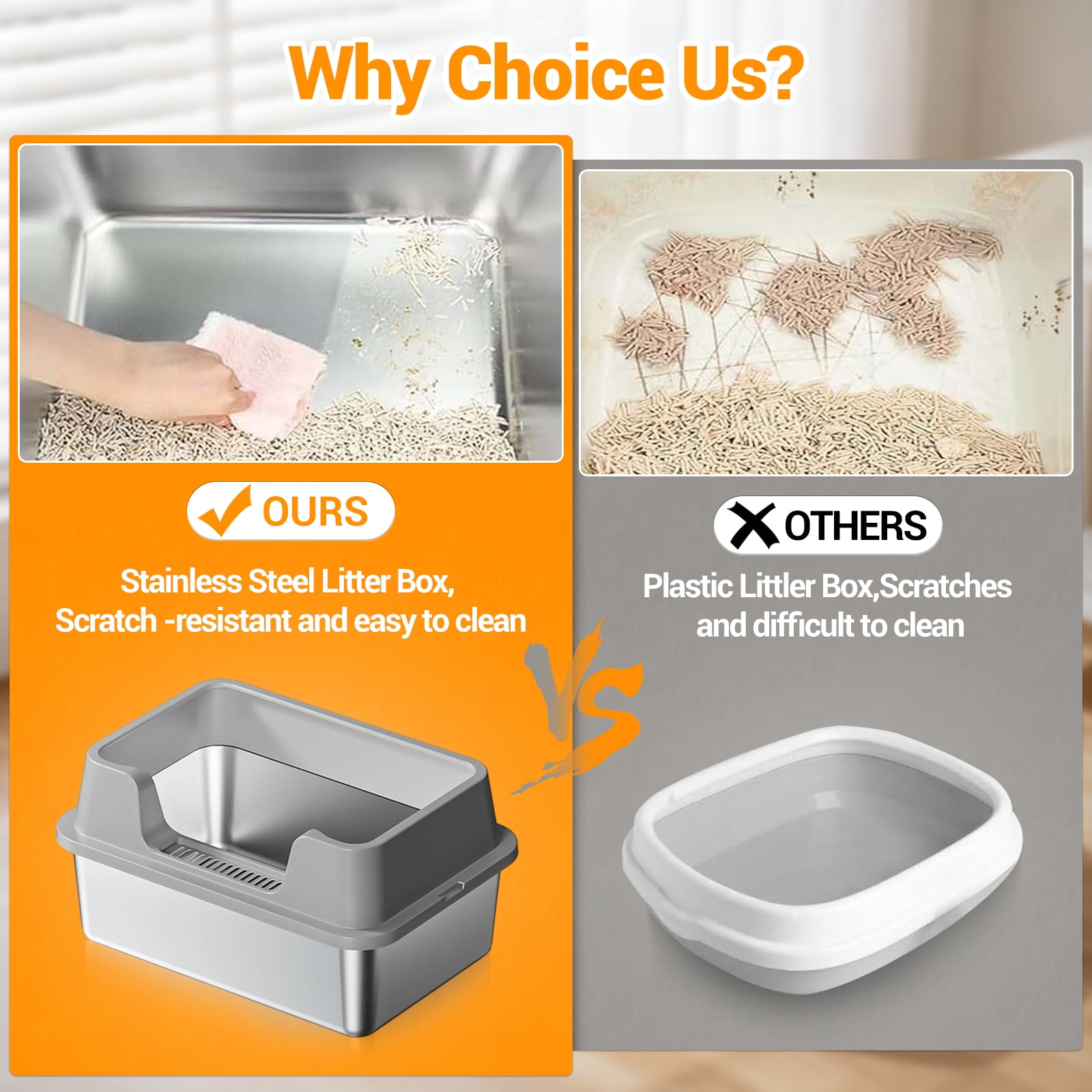 Memoryfield Stainless Steel Cat Litter Box with Lid, High-Sided Enclosed Pan, Leakproof, Scoop, Gray
