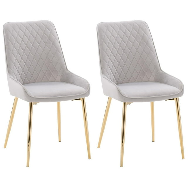 Set of two CorLiving Nash indoor side chairs featuring gray velvet upholstery with diamond tufting and gold flared legs.
