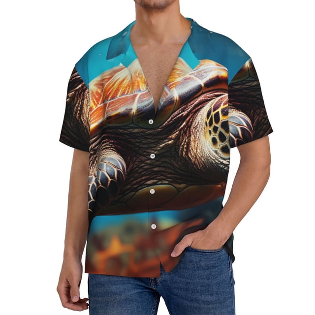 Balery Realistic Turtle Camisa Casual de Manga Corta con Botones para Hombre, Texturizada, Estilo Cubano, para Playa, Verano-Medium