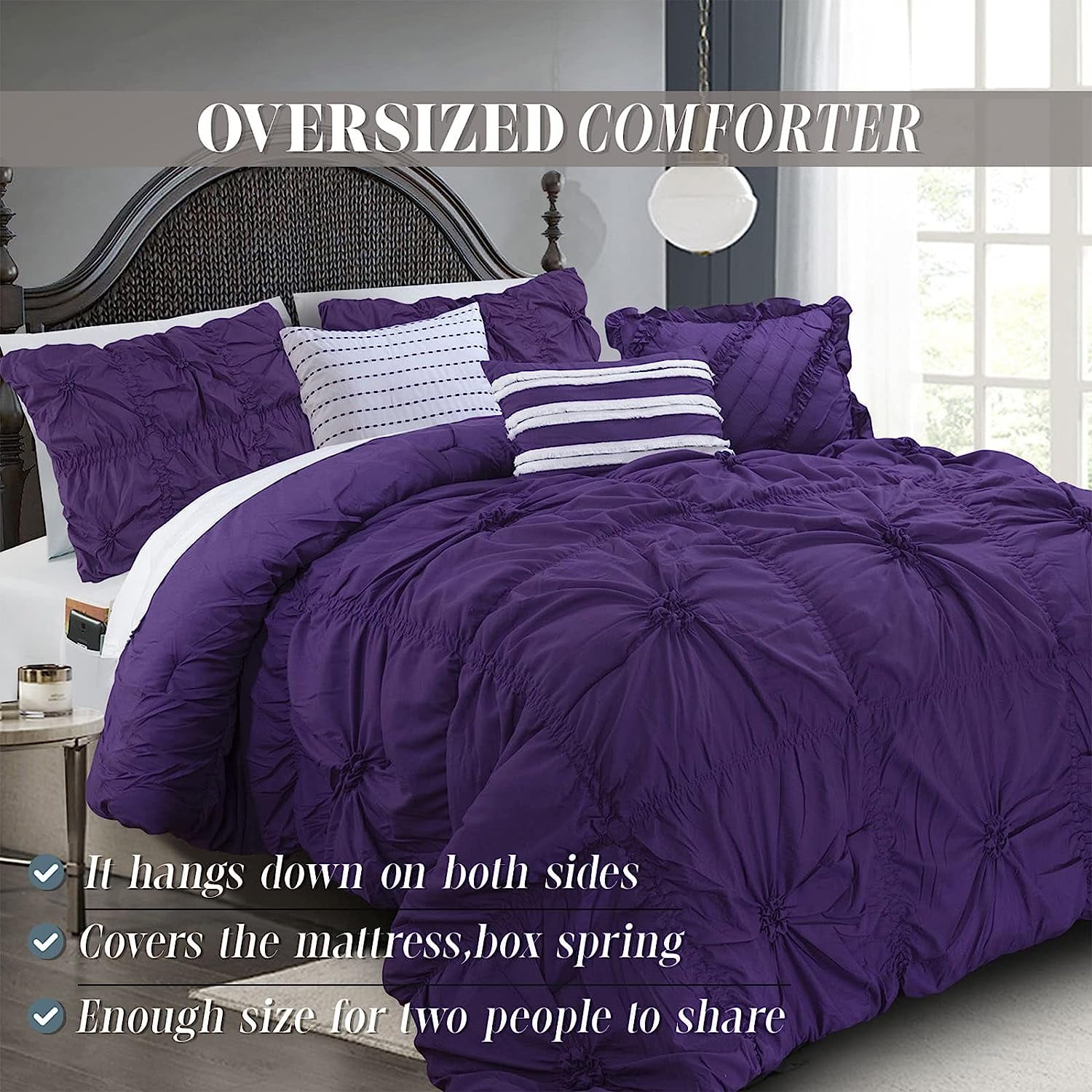 12-Piece Oversized Comforter, Amy Bedding Collection including 6-Piece Sheet Set Featuring Smart Pockets and Matching Decorative Pillows, King/California King, Purple