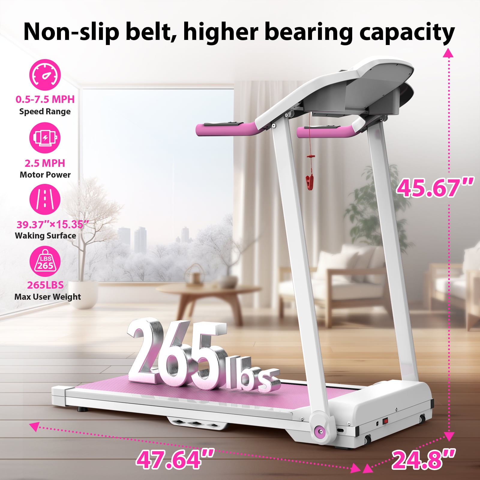 Ambifirner 2.5HP Electric Exercise Treadmill with Adjustable Speed Running Walking Pad Treadmill with LED Display for Home Gym 265 LBS Pink