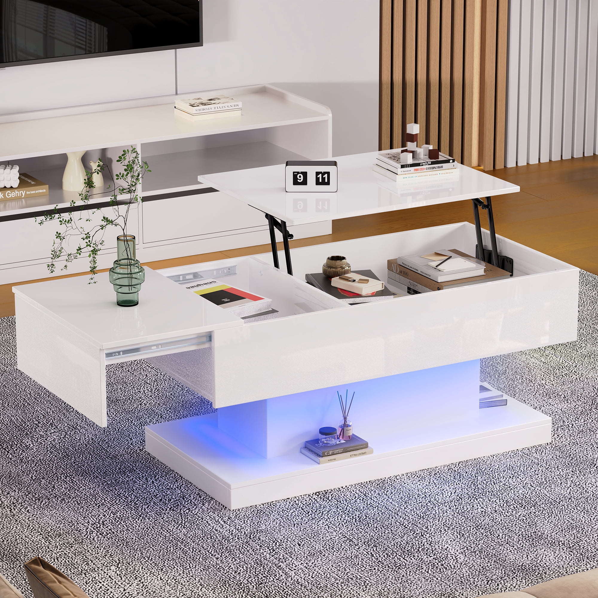 Table basse relevable Noble House, laquée brillante, éclairage DEL, plateau coulissant extensible et mécanisme de levage, blanche