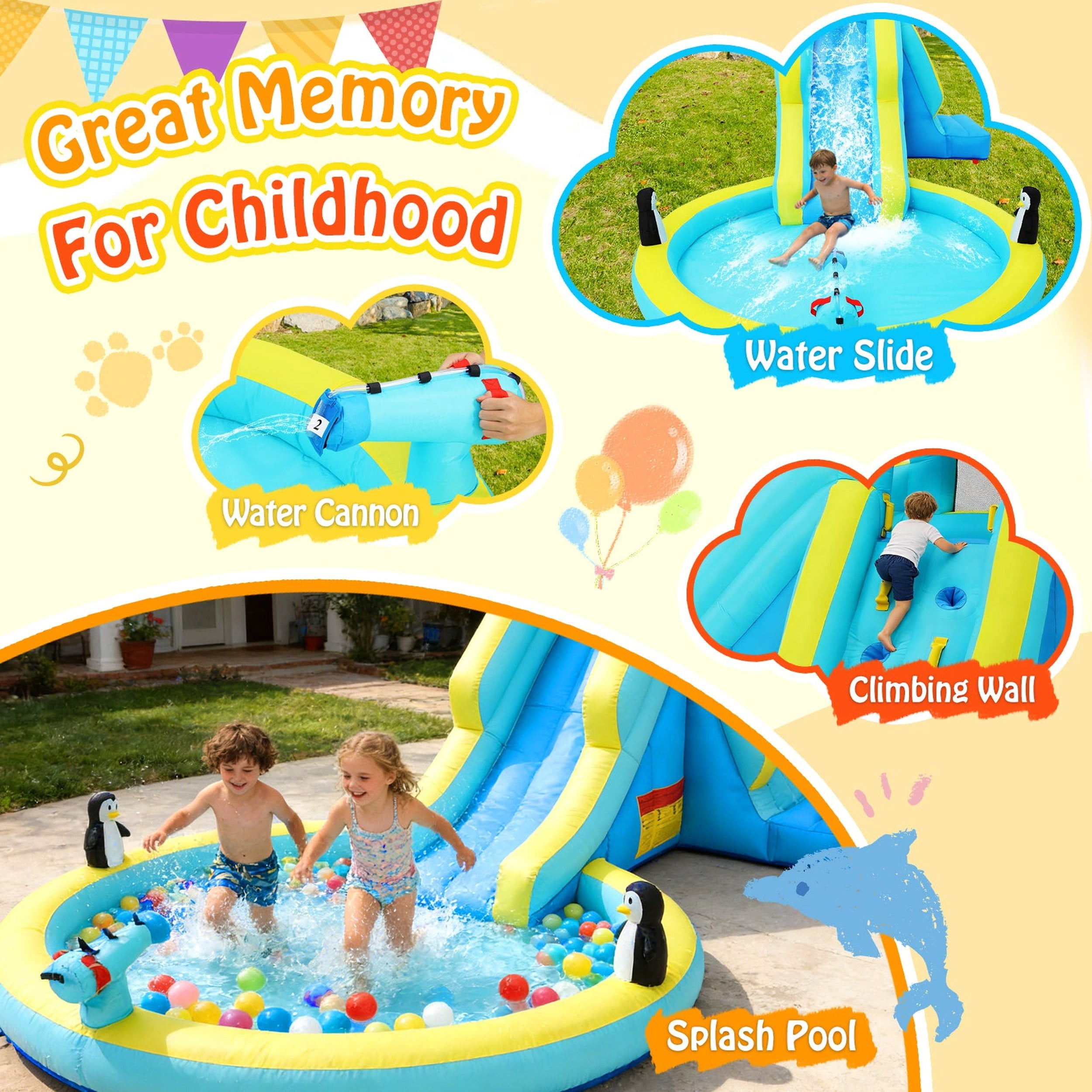 Funcid Inflatable Bounce House with Blower Indoor Outdoor, Kids Toddler Bouncy House Waterslide Park