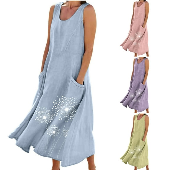 Jacenvly New Maxi Dresses for Women 2024 New Women'S Sleeveless Cotton and Linen Round Neck Printed Long Dress Satiny Soft Casual Flowy Dresses for Women Blue