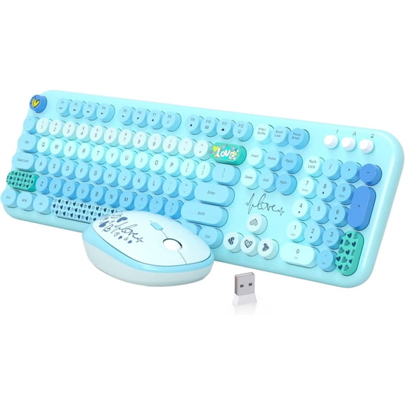Wireless Keyboard Mouse Combo, 104 Round Keys Lovely Full-Size Cute Colorful Keyboard and Mouse with Retro Typewriter  Blue