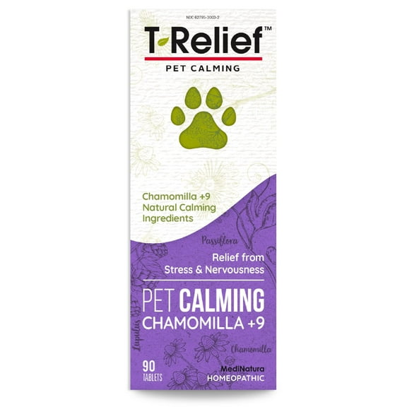 MediNatura T-Relief Pet Calming for Dog & Cat Natural Comfort Remedy for Nervousness & Stress with Chamomile 9 Soothing Actives Relaxing Herbal Relief - 90 Tablets