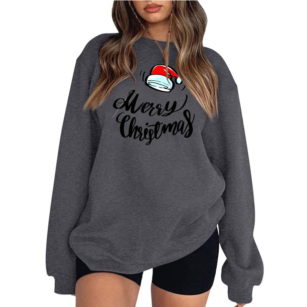 Gibobby Sudadera Navidad mujer Sudadera con capucha estampada navideña holgada para mujer con mangas hasta los hombros(Gris oscuro,XG)