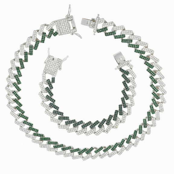 CHARLES RAYMOND- Boss Up and Flex with Bling'ed Out Hip Hop Jewelry - ZZ Miami Cuban Mens Necklace and Bracelet with Unique Lock and Iced Out Diamonds !! The Perfect Drip !! - ZZ Slv-GrNB NB- 18