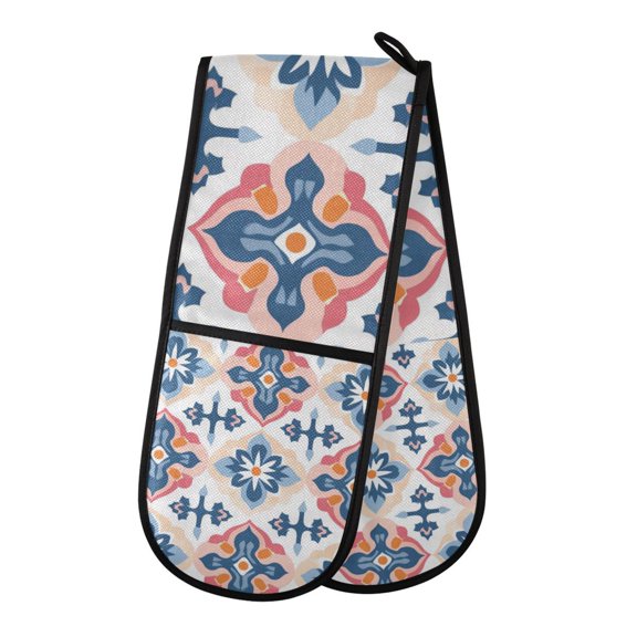 Yayeee Double Oven Mitt Kitchen Heat Resistant Baking 35" x7" Quilted Glove, Navy Blossom Mosaic