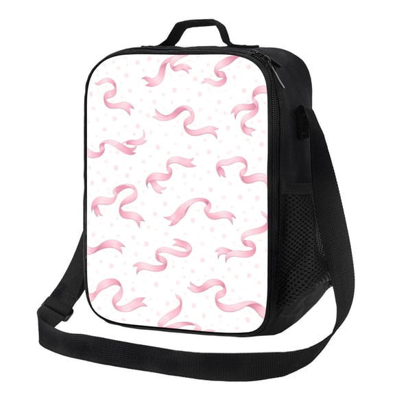 Pink Ribbon Lunch Bag Insulated Thermal Box with Shoulder Strap & Handle for Work and Picnic