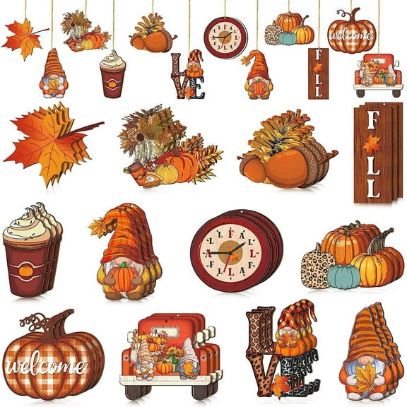Fall Decorations,12pcs Pumpkin Maple Leaves Decorative Pendents Autumn Harvest Ornament Wood Ornaments Fall Tree Ornaments for Halloween Thanksgiving Hanging Sign Ornaments