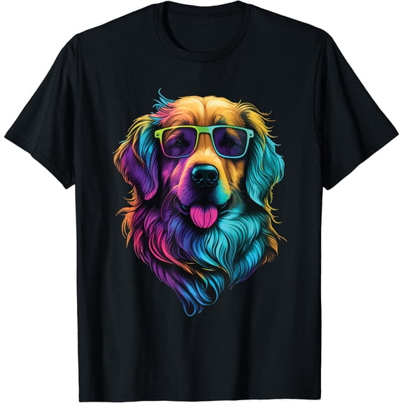 Colorful Neon Golden Retriever Dog Sunglasses T-Shirt for Canine Lovers