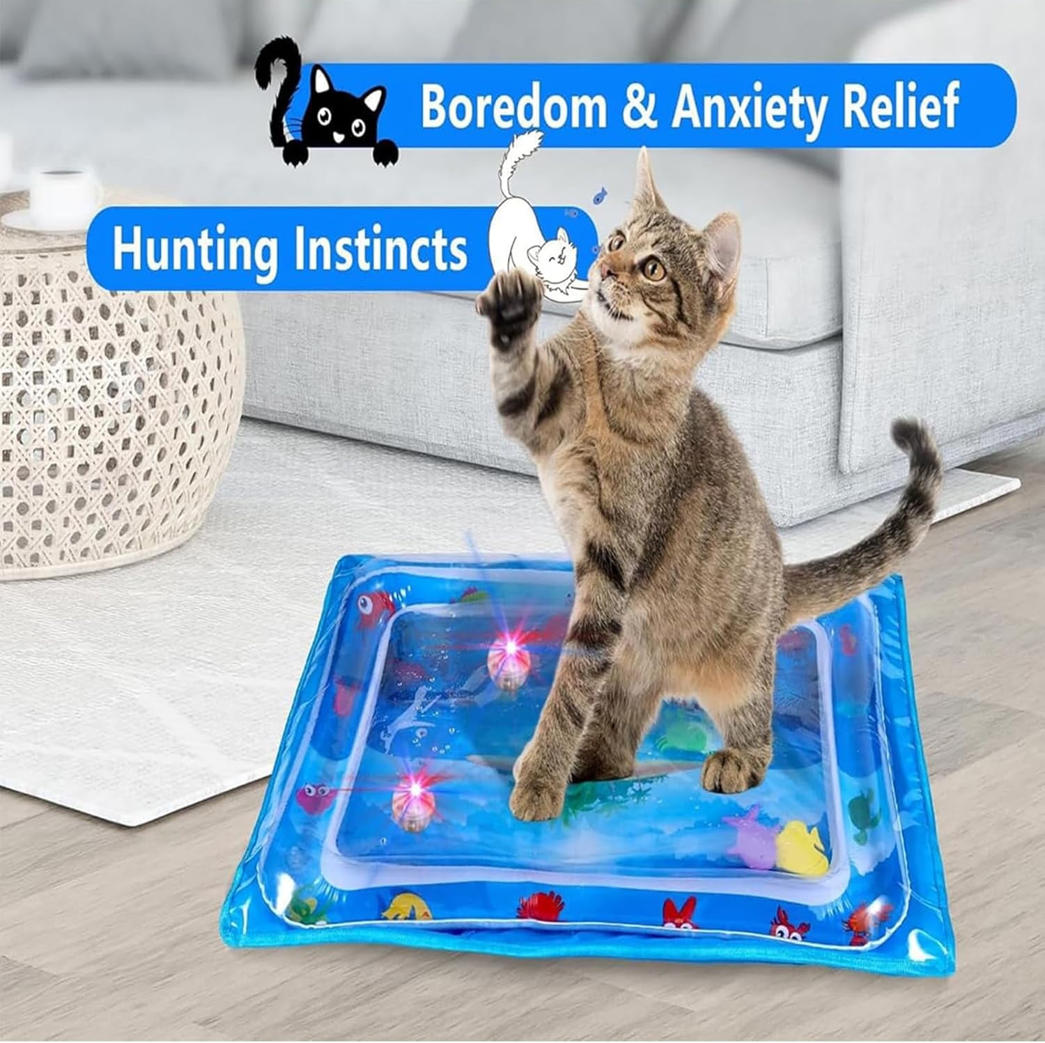 Glow Pad for Cats,  Multi-color Lighted Cat Water Play Mat with Floating Fish, Motion-Activated Glowpad for Cat, Thickened Leak-Resistant Pet Interactive for Indoor Play