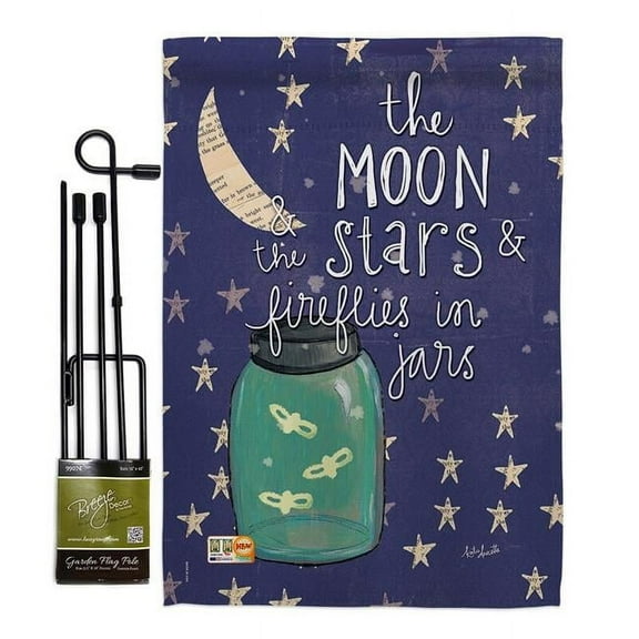 Breeze Decor BD-EX-GS-115124-IP-BO-D-US18-SB 13 x 18.5 in. Moon Stars Fireflies Jars Inspirational Expression Impressions Decorative Vertical Double Sided Garden Flag Set with Banner Pole