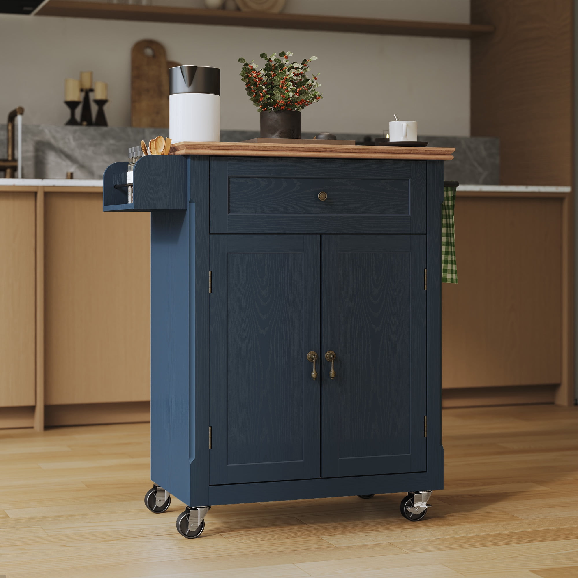 CBJCBJ Kitchen Islands Cart on Wheels with Storage, Wood Microwave Table with Drawers and Spice Box , for Dining Room,Blue