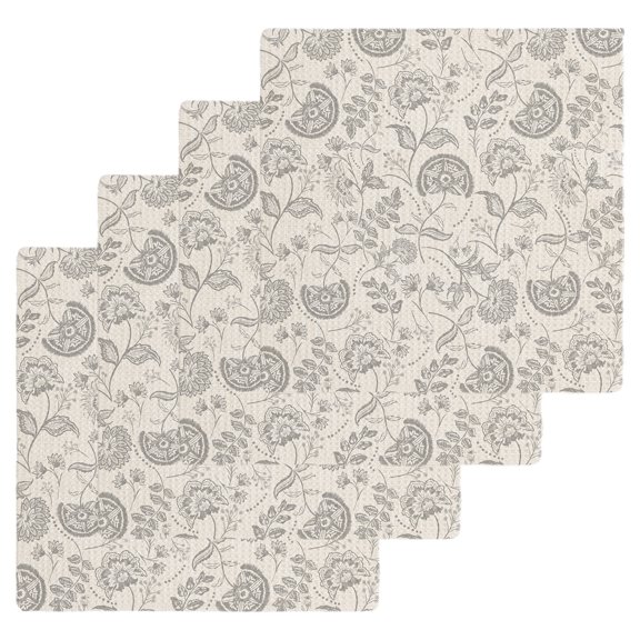 Gray Paisley Floral Dish Towels Set, Waffle Weave Kitchen Towels 4 Pieces, Farmhouse Spring Summer Flowers Microfiber Hair Face Bath Tea Towel Absorbent Quick Drying Cleaning Dish Cloths, 12"x12"