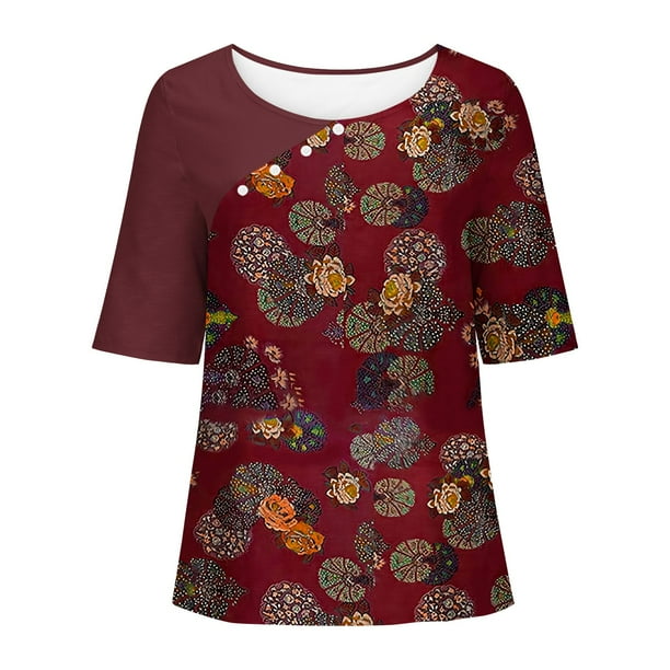 Tops Florales para las Mujeres Impreso Suéter Cuello Redondo Manga Corta, Ligero Y Casual Tops Cortos para las Mujeres