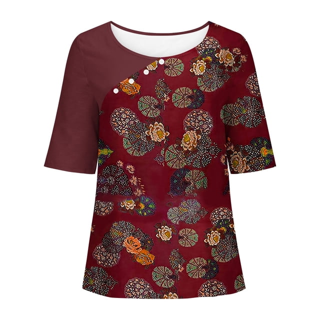 Haut Décontracté à Imprimé Floral pour Femmes, Col Rond, Manches Courtes, Aguichant, Manches 3/4