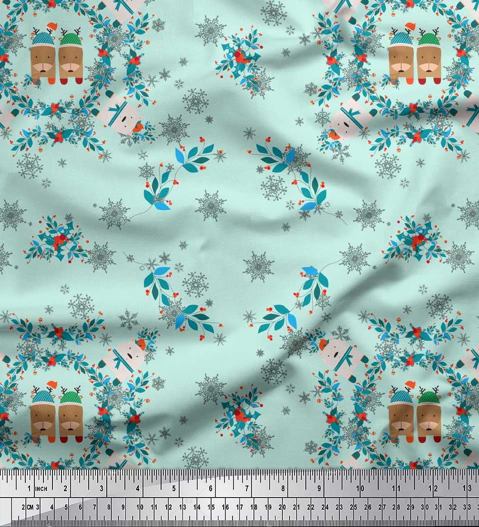 Soimoi Green Cotton Voile Fabric Bear,Leaves & Baubles Christmas Fabric Prints By Yard 42 Inch Wide