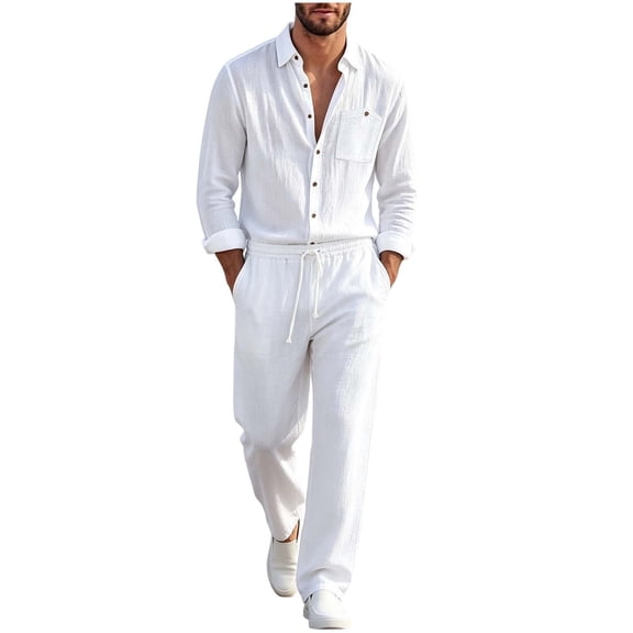 hotojiny 2 Piece Linen Set for Men Lounge Long Sleeve Button down Shirt Casual Loose Pants Plus Size Fall Outfit(White,X-Large)