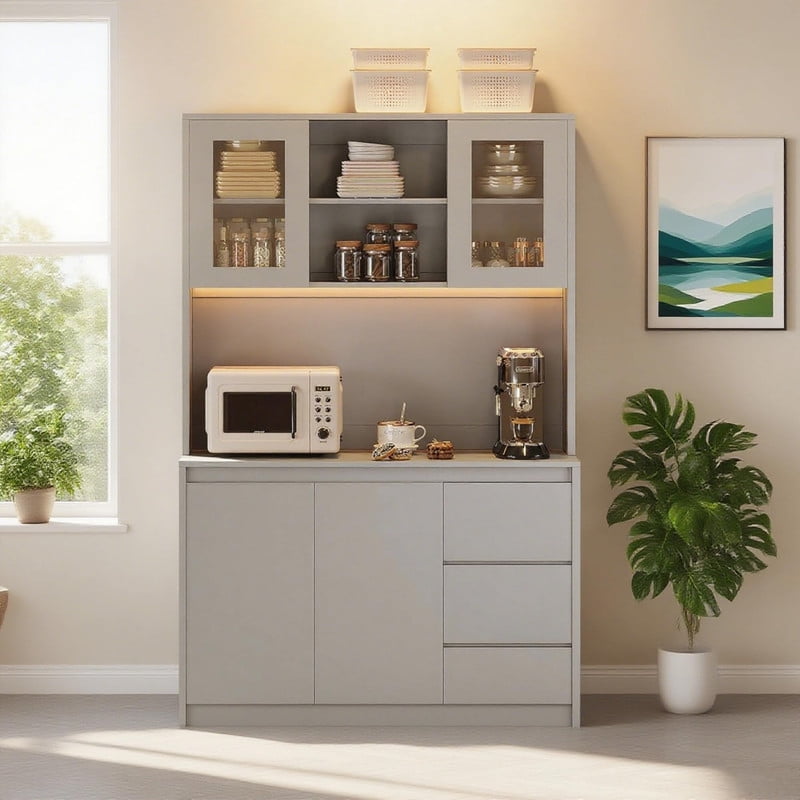 TROPOW Pantry Cabinet with Adjustable Shelf, Food Pantry with 4 Doors & 3 Drawers, Kitchen Pantry Cabinet with Built-in Power Hub for Dining Room