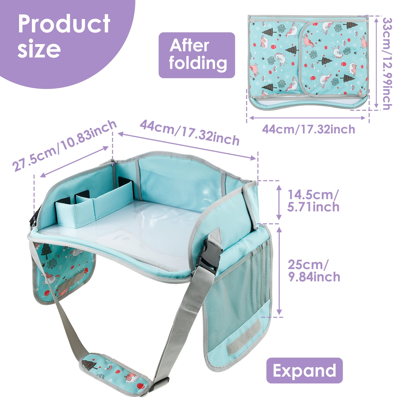 Carseat Table Tray for Kids Polyester Made Portable Drawing Board with Padded Shoulder Strap for Road Trip Activities
