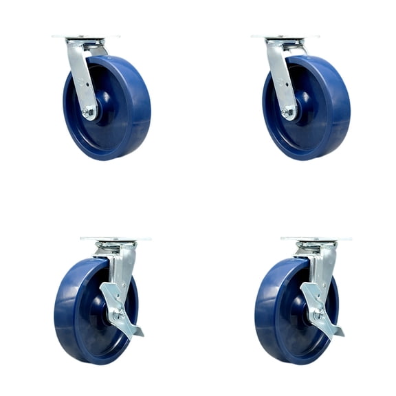 8 Inch SS Solid Poly Caster Set with Roller Bearings 2 Swivel Lock 2 Brake SCC