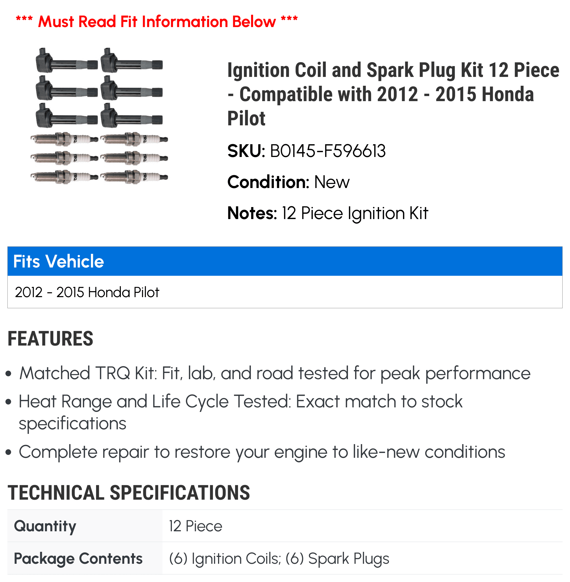 Ignition Coil and Spark Plug Kit 12 Piece - Compatible with 2012 - 2015 Honda Pilot 2013 2014