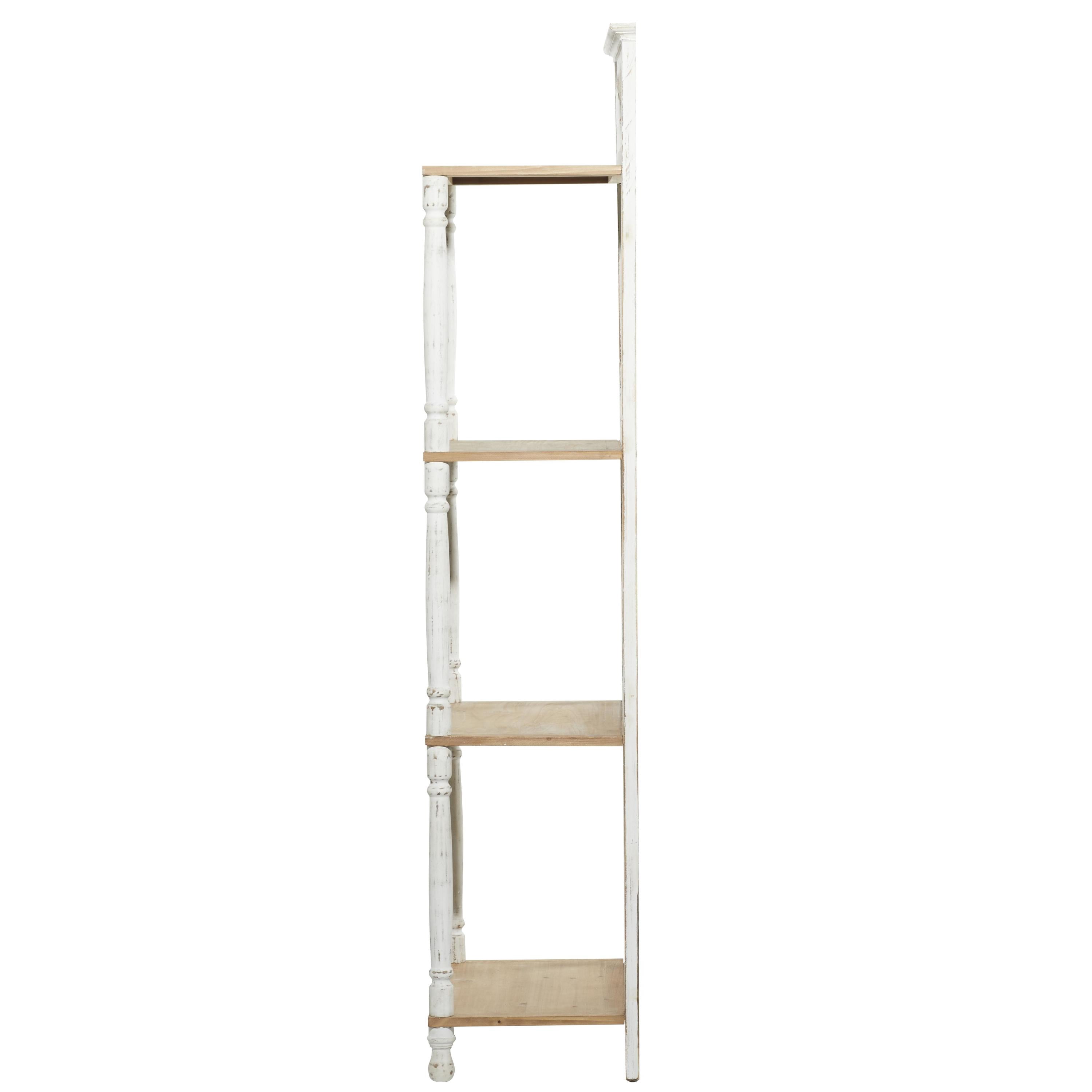 DecMode 25" x 71" White Wood Floral Intricately Carved 4-Tier Shelving Unit, 1-Piece