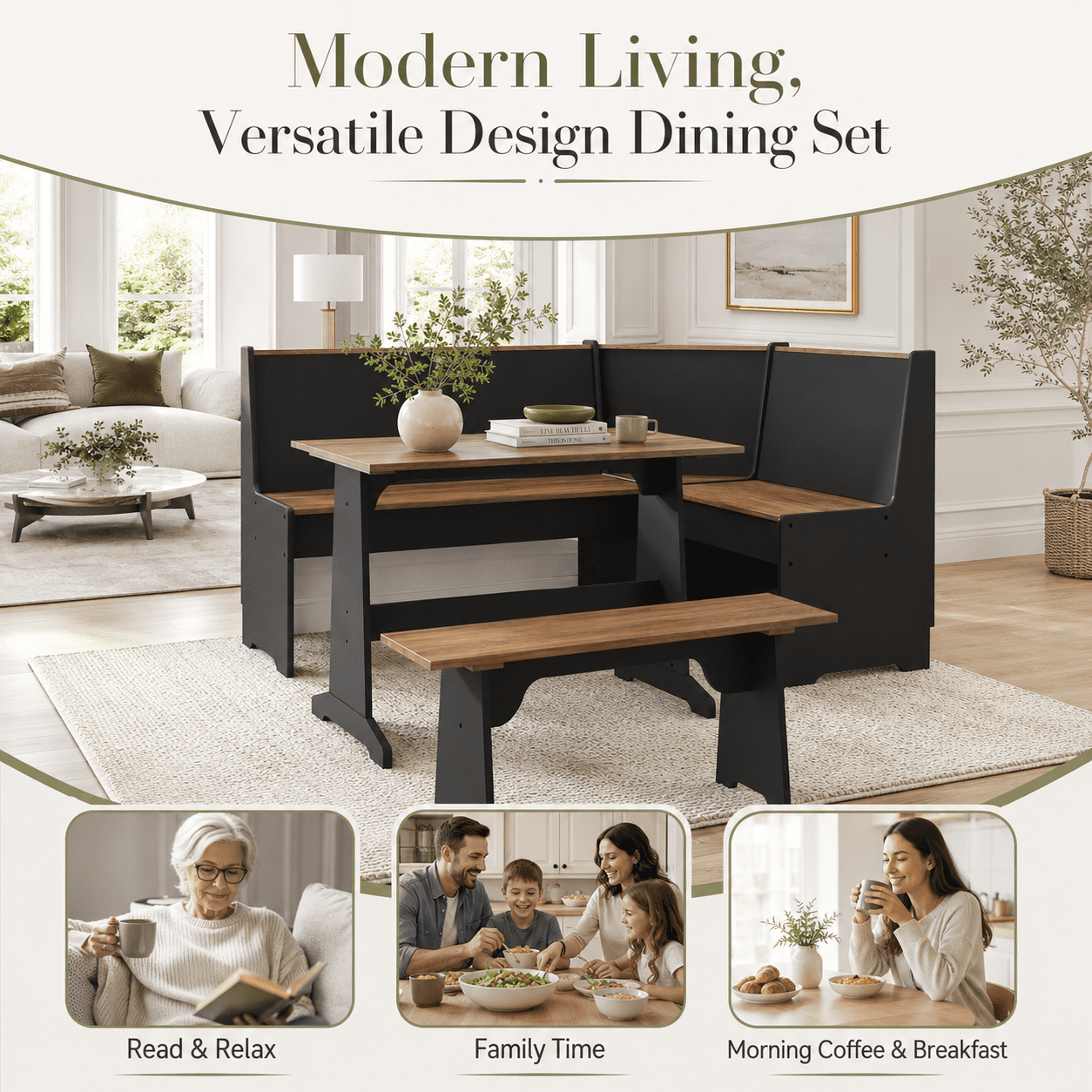 Merluxy Breakfast Nook Corner Dining Table Set with Hidden Storage, L-Shaped Black Kitchen Chairs for Small Spaces, Oak
