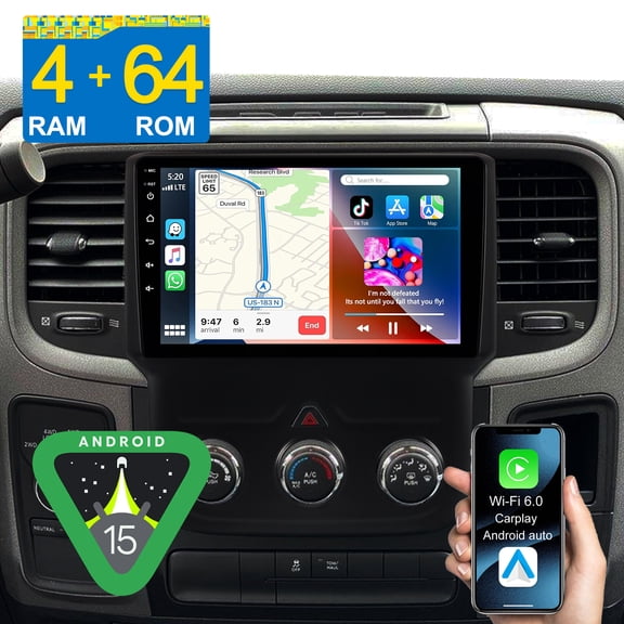 For Dodge Ram 1500/2500/3500 2013-2018 (Manual A/C) 4 64GB Android 15 Car Radio Stereo with Apple CarPlay/GPS Navi/Wi-Fi/BT 5.4/DSP