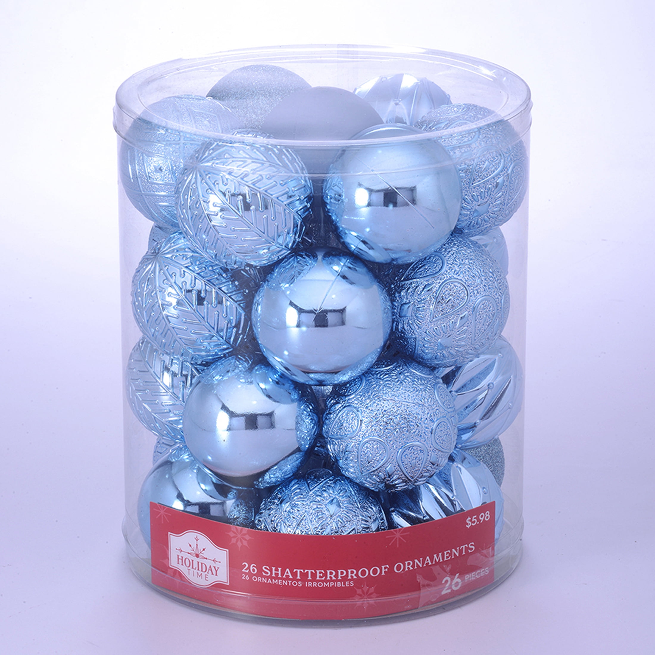 Holiday Time 60 mm Multitextured Christmas Shatterproof Ornaments, Light Slate Blue, 26 Count