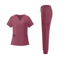 thumbnail image 3 of Women's Medical Scrubs Set V Neck Short Sleeve Scrubs Top and Cargo Taper Pants Solid Comfort Wrinkle-Resist 2 Pieces Outfit, M, 3 of 7