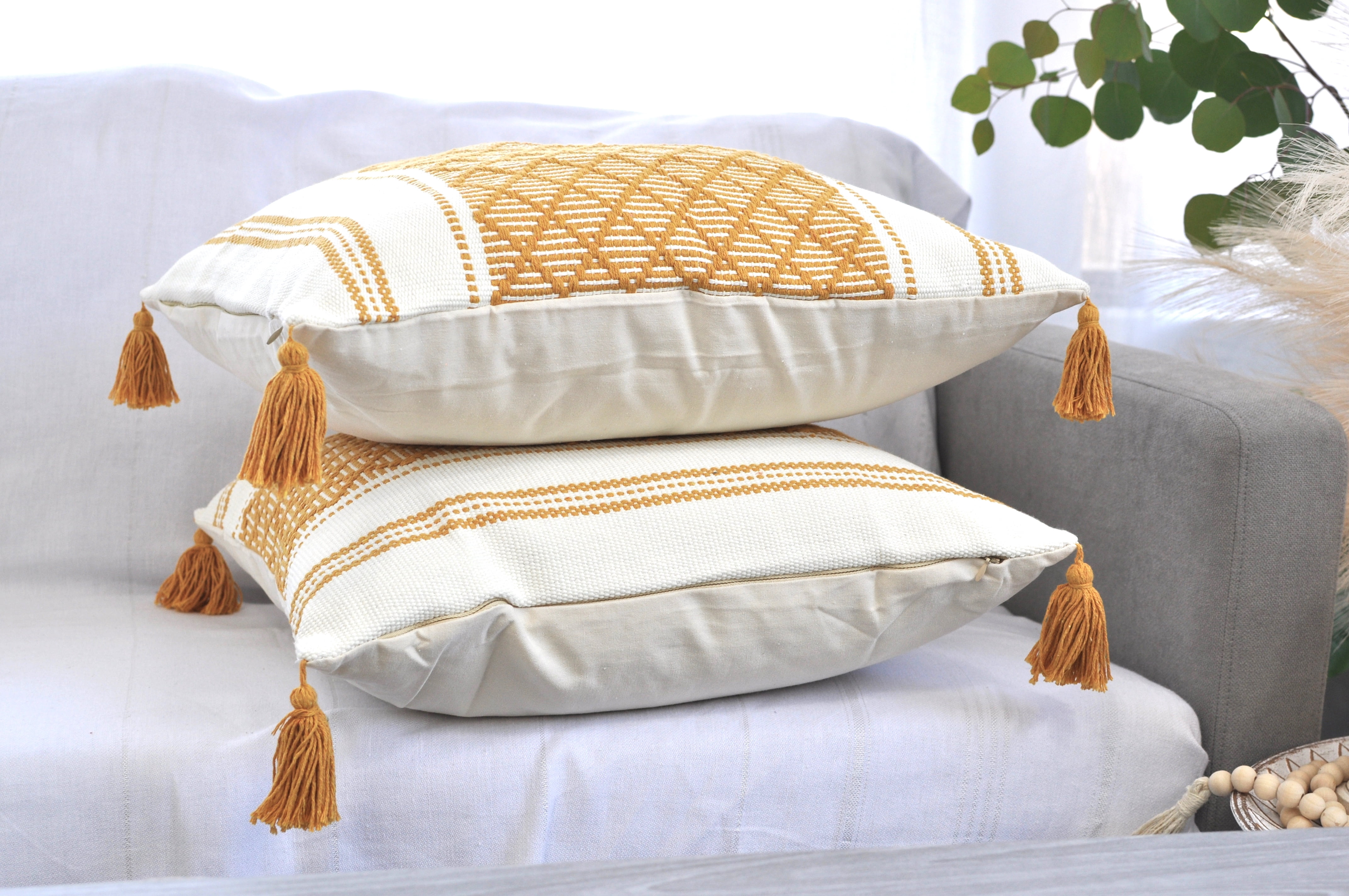 Decorative Throw Pillow Covers with Tassels, 18x18 Inches (Set of 2), Mustard Yellow/Cream | Checkered Pattern Boho Pillow Covers | Farmhouse Woven Pillow Cases | Natural Accent Cushion Covers