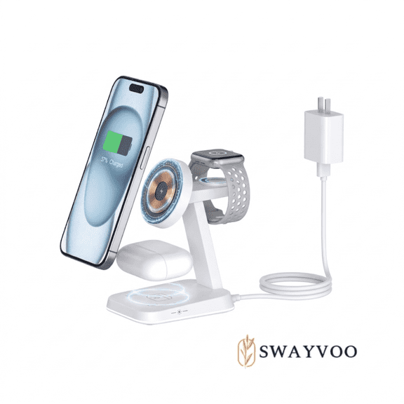 Swayvoo MagSafe Wireless Charging Station 3-in-1 with LED Night Light — 15W Fast Charger for iPhone 17 16 15 14 13 12, Apple Watch, AirPods