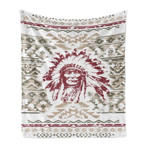 Art Soft Flannel Fleece Throw Blanket, Retro Style Eagle Heart Chief Trail Grunge Effect and Geometric Motif, Cozy Plush for Indoor and Outdoor Use, 60" x 80", Sage Green Ruby and Tan, by Ambesonne