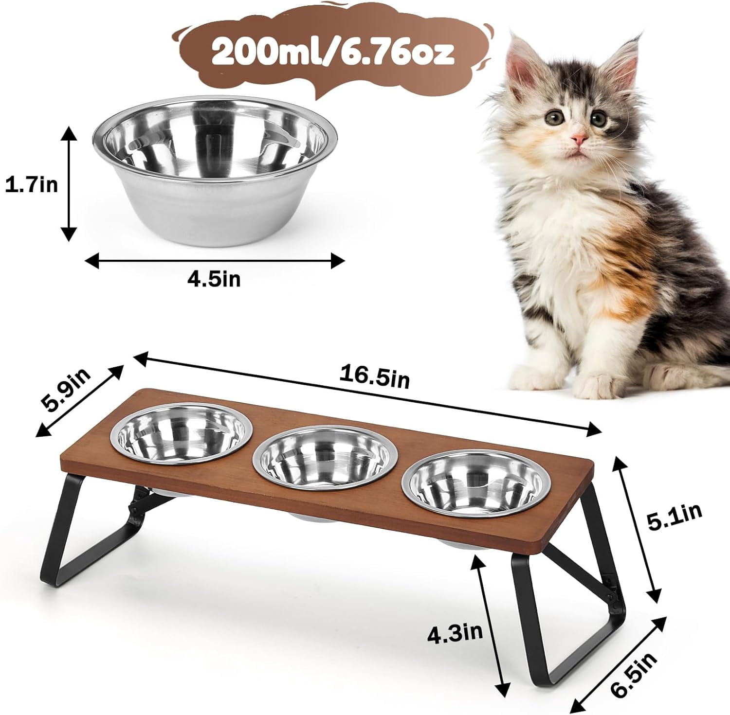 Flantor Elevated Cat Feeding Bowl Set with 10° Tilt, 3 Stainless Steel Bowls, Wood Frame and Foldable Metal Stand