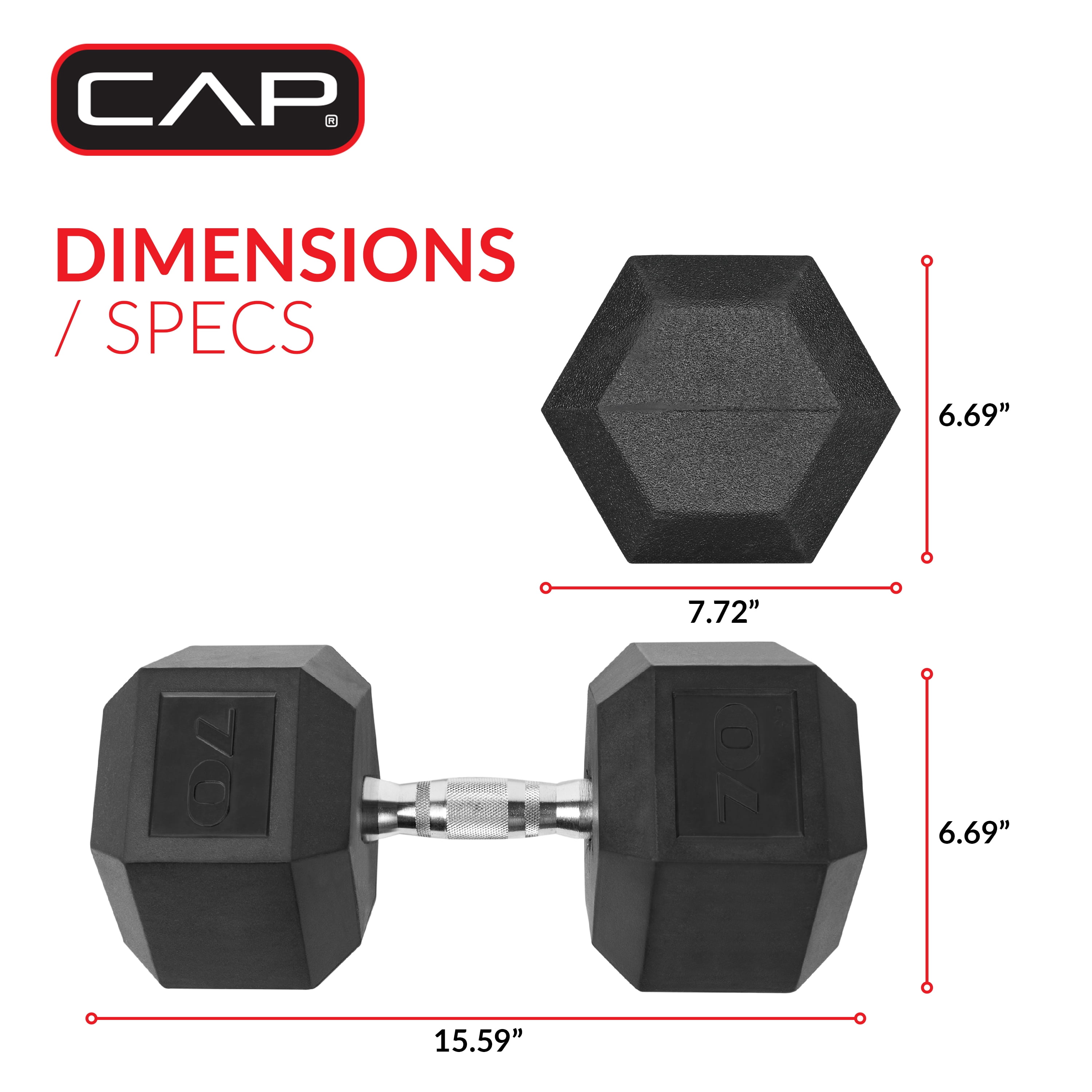 CAP Barbell, 70lb Rubber Hex Dumbbell, Single