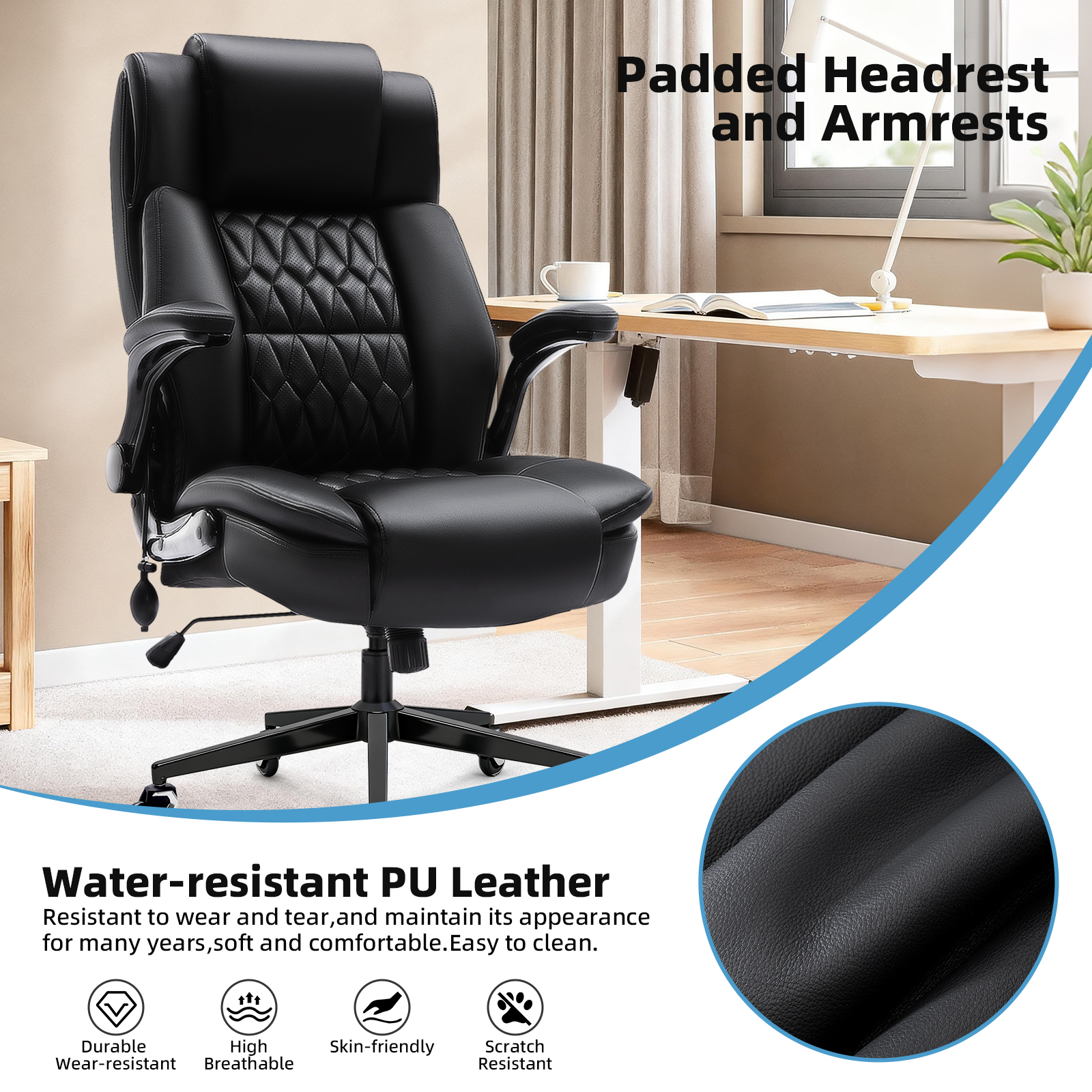 WOSDOM Black Leather Office Chair - Flip Arms Adjustable Built-in Lumbar Support, Executive Computer Desk Chair Work Chairs with with Storage Bags, Strong Metal Base Quiet Wheels, 350 lb
