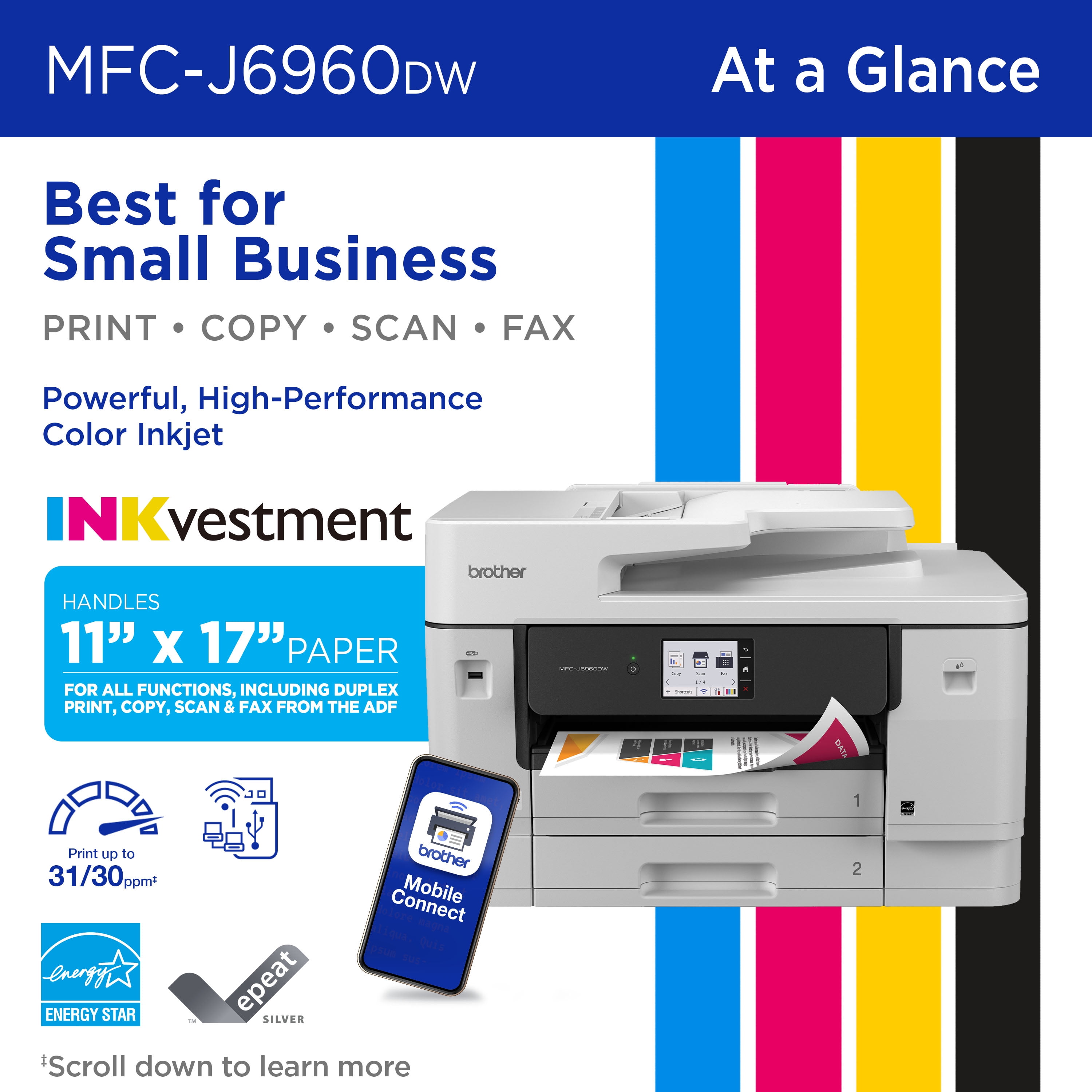 Brother INKvestment MCF-J6960DW Wireless Color Inkjet All-in-One Printer with 11”x17” capabilities and 3.5” Color Touchscreen