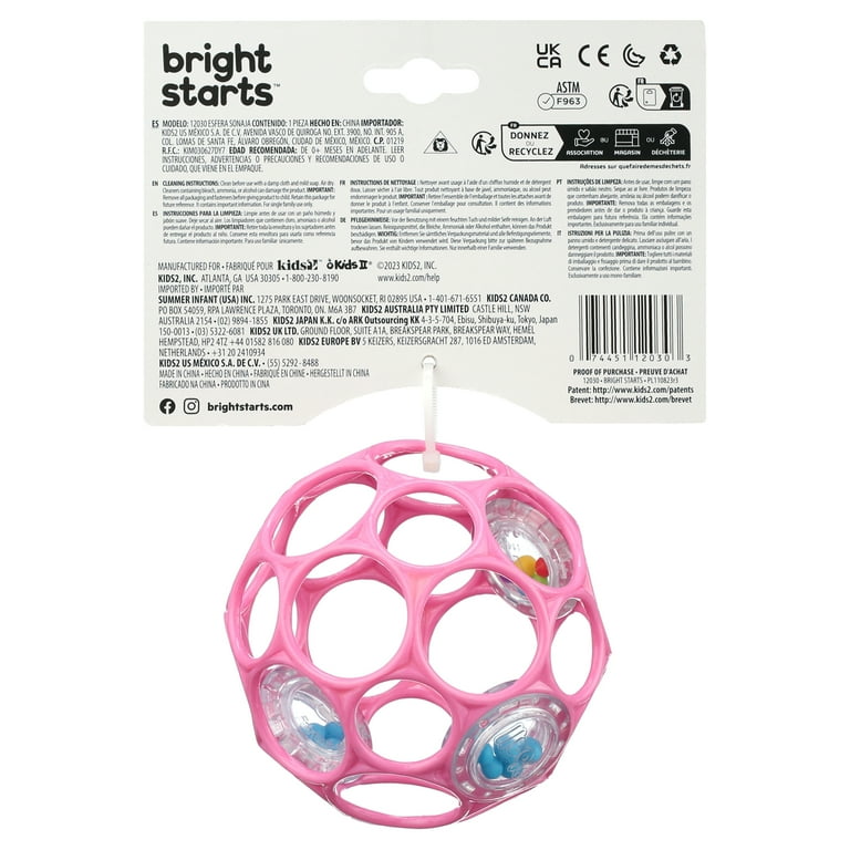 Bright Starts Oball Rattle Pink Easy-Grasp Baby Toy with 29 Finger