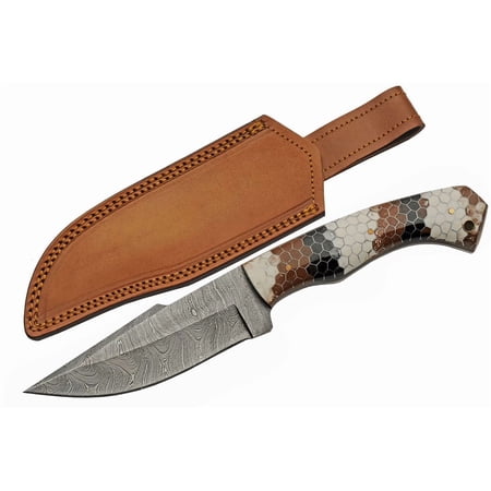 SANZ Supplies 9.75 Damascus Steel Fixed Blade Knife with Snake Skin Acrylic Handle and Leather Sheath
