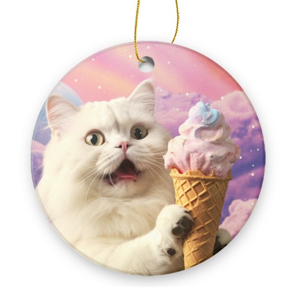 White Cat Eating Ice Cream In The Sky - Christmas Ornament Xmas Keepsake Ceramic Ornaments Holiday Decorations for Tree Christmas Gift Ideas 2.95in