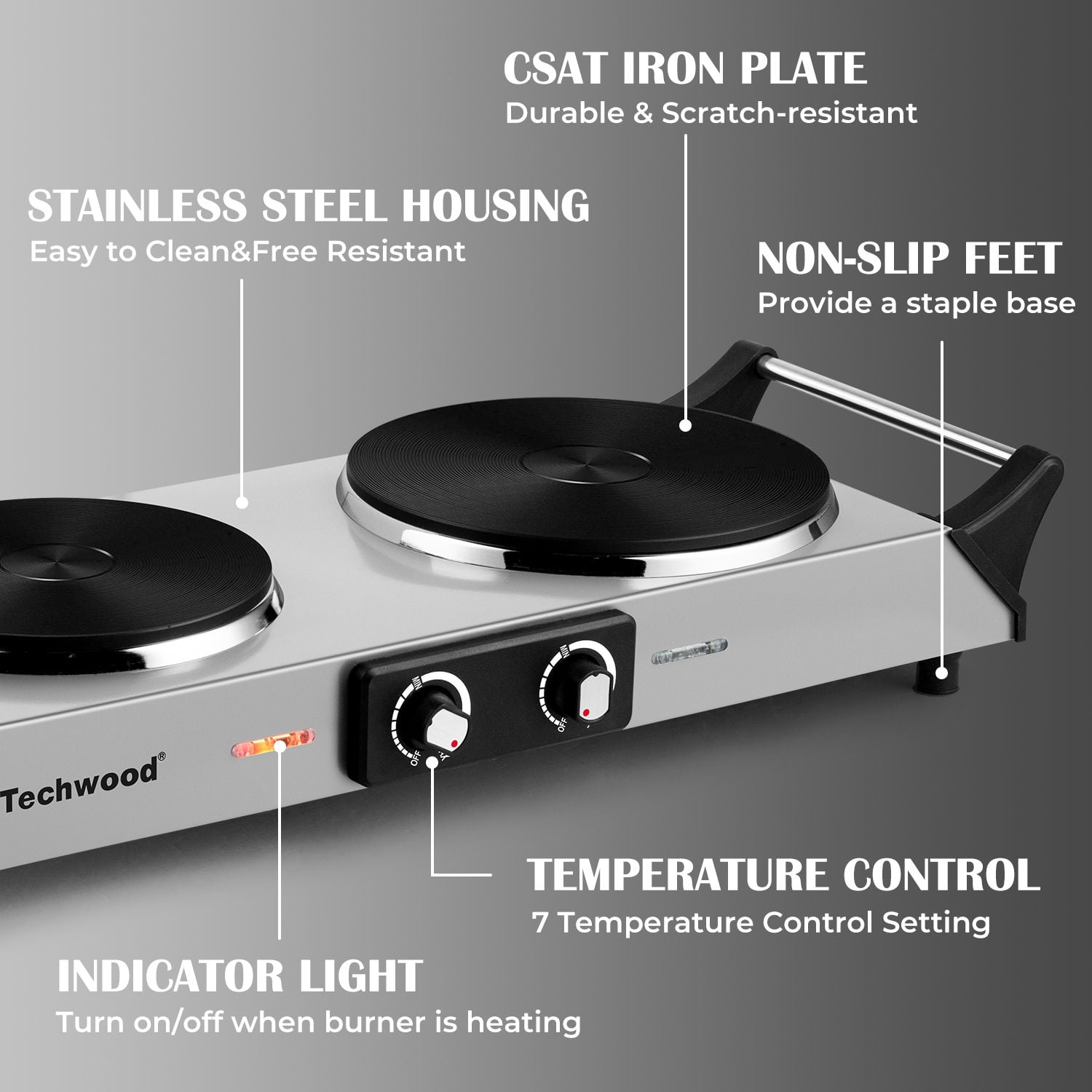 Techwood 1800W Stainless Steel Double Hot Plate for Cooking, Portable for Kitchen, Dorm, Camping