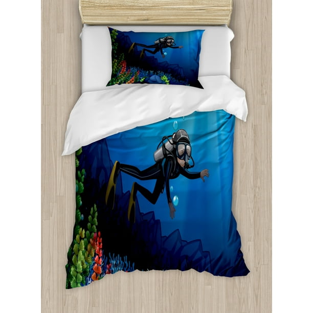 Deep Sea Duvet Cover Set Cartoon Illustration Of Scuba Diver In Reef With Sun Beams Hitting Decorative Bedding Set With Pillow Shams Cobalt Blue And Multicolor By Ambesonne Walmart Com Walmart Com