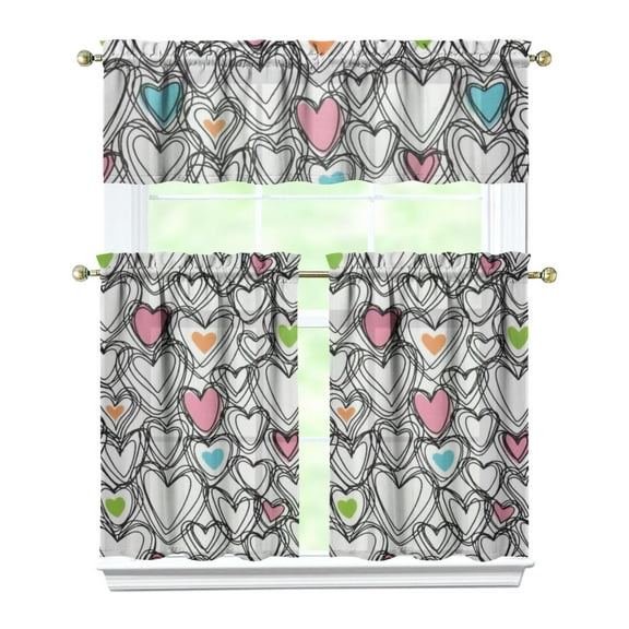 3 PCS Kitchen Curtains Set - Abstract Geometric Design with Valance & Tier Panels, Semi-Sheer Rod Pocket Window Treatments for Farmhouse