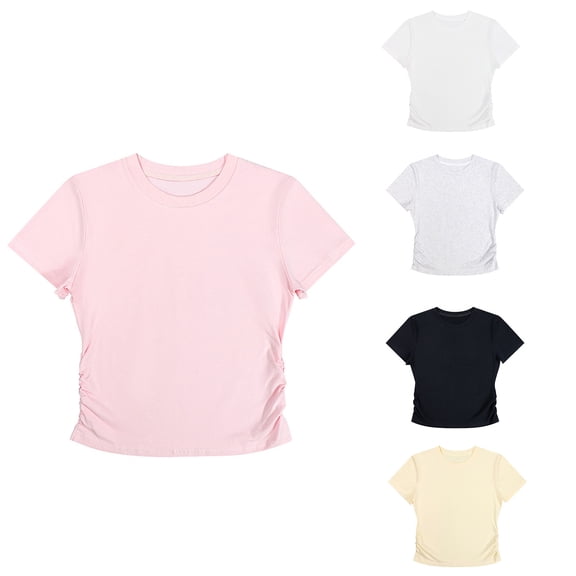 Fengqque Women's Short Sleeve Crew Neck Side Ruched Cropped Slim Fit Top Stretchy Casual Basic T Shirt White Free Size