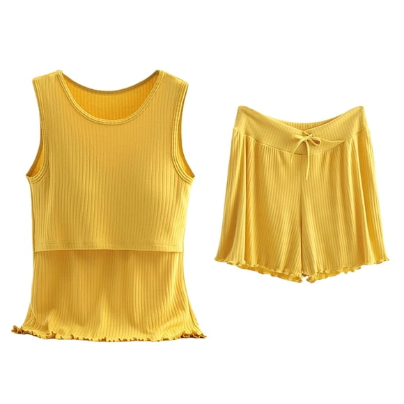 Maternity Pajama Set - Women's Nursing Sleepwear, Sleeveless Cotton Shorts & Top | Hontri | Women's Cotton Pyjamas Short Pyjama Set Sleeveless Shirt Function (Yellow | XXL)